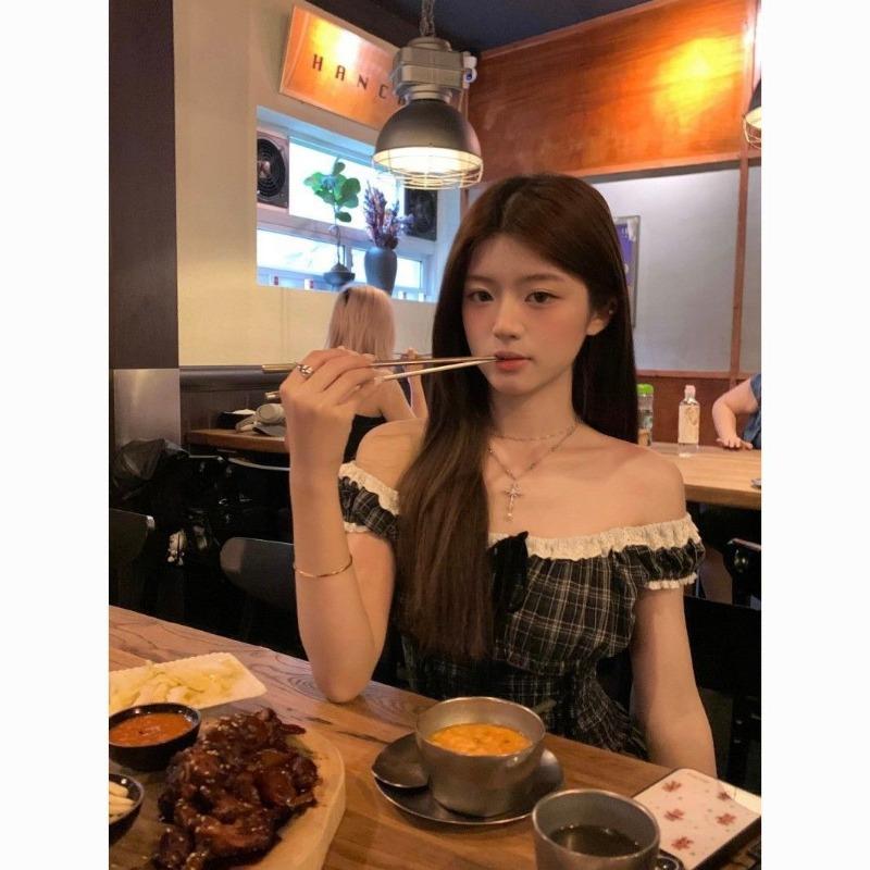 Women Off-Shoulder Lace Trim Plaid Top S чёрный
