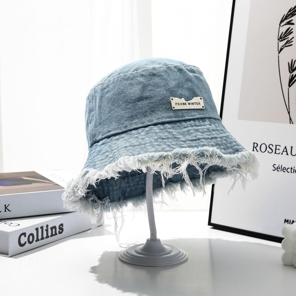 Spring retro rough edge iron standard denim bucket hat women's face small visor solid color sunscreen basin hat