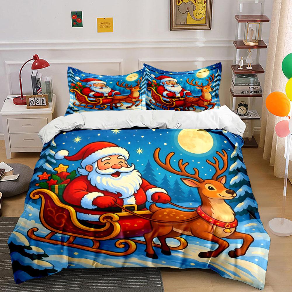 Santa and Reindeer Christmas Scene Bedding Duvet Cover Set Duvet Cover Pillowcases (1*Duvet Cover 2*Pillowcases, Without Duvet Insert)