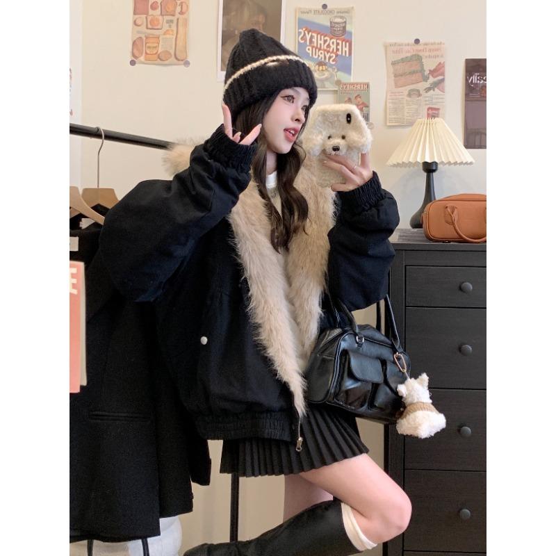 Parka Corto Invernale con Cappuccio e Grande Collo di Pelliccia Giacca Spessa in Cotone per Donna