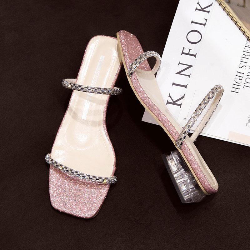 2025 new slippers female summer wear thick heel fashion fairy wind cool slippers medium heel rhinestone low heel one-word drag