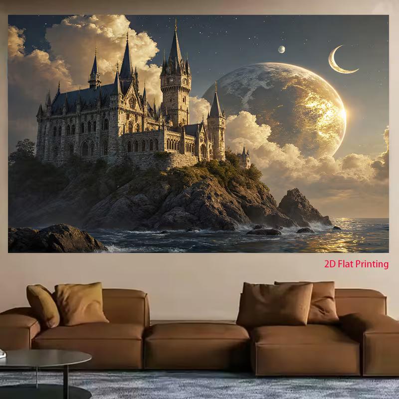 2D Fantasy Themed Backdrop, Gothic Castle on a Cliff with Giant Planet Background