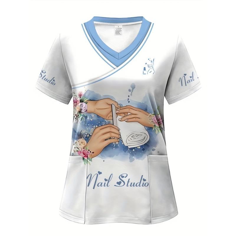 Beautiful 3D printed V-neck women s work and protective T-shirt printed nail artist novel clothing S