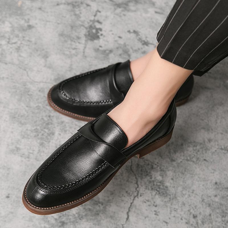

Large size British fashion leather shoes beef tendon sole Doudou shoes business casual retro Korean version men s leather shoes 38 чёрный
