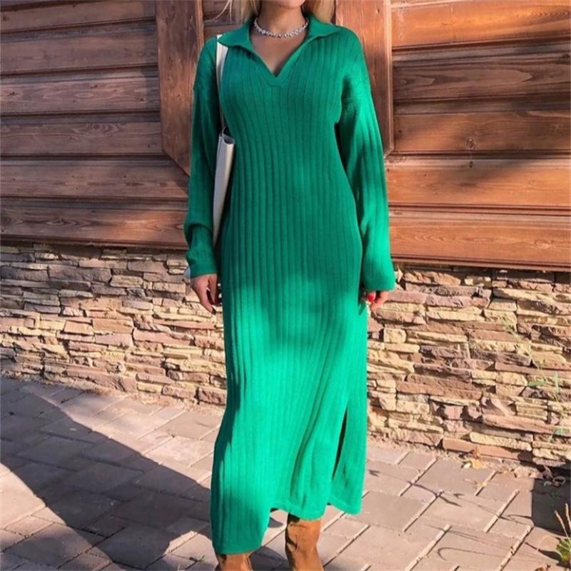 New Pattern Women Autumn Winter Sexy V Neck Long Sleeve Knitted Sweater Dress Long Sleeve Straight Cozy Pullover Slim Dresses