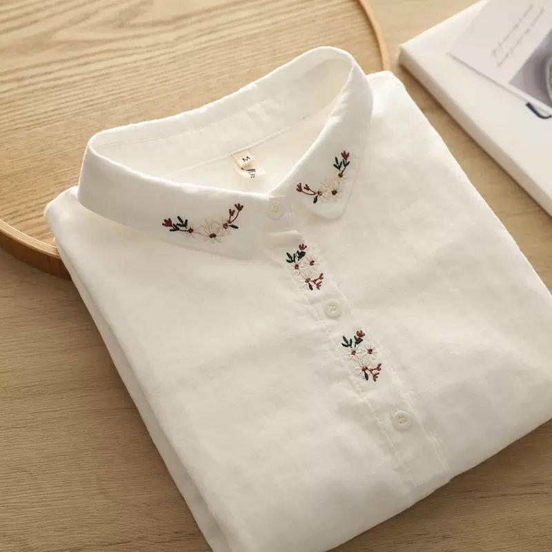 

2024 Весна Белая Хлопковая Пряжа Рубашка С Длинным Рукавом Женская Свободная Вышивка Мелкий Цветок Блузка XL