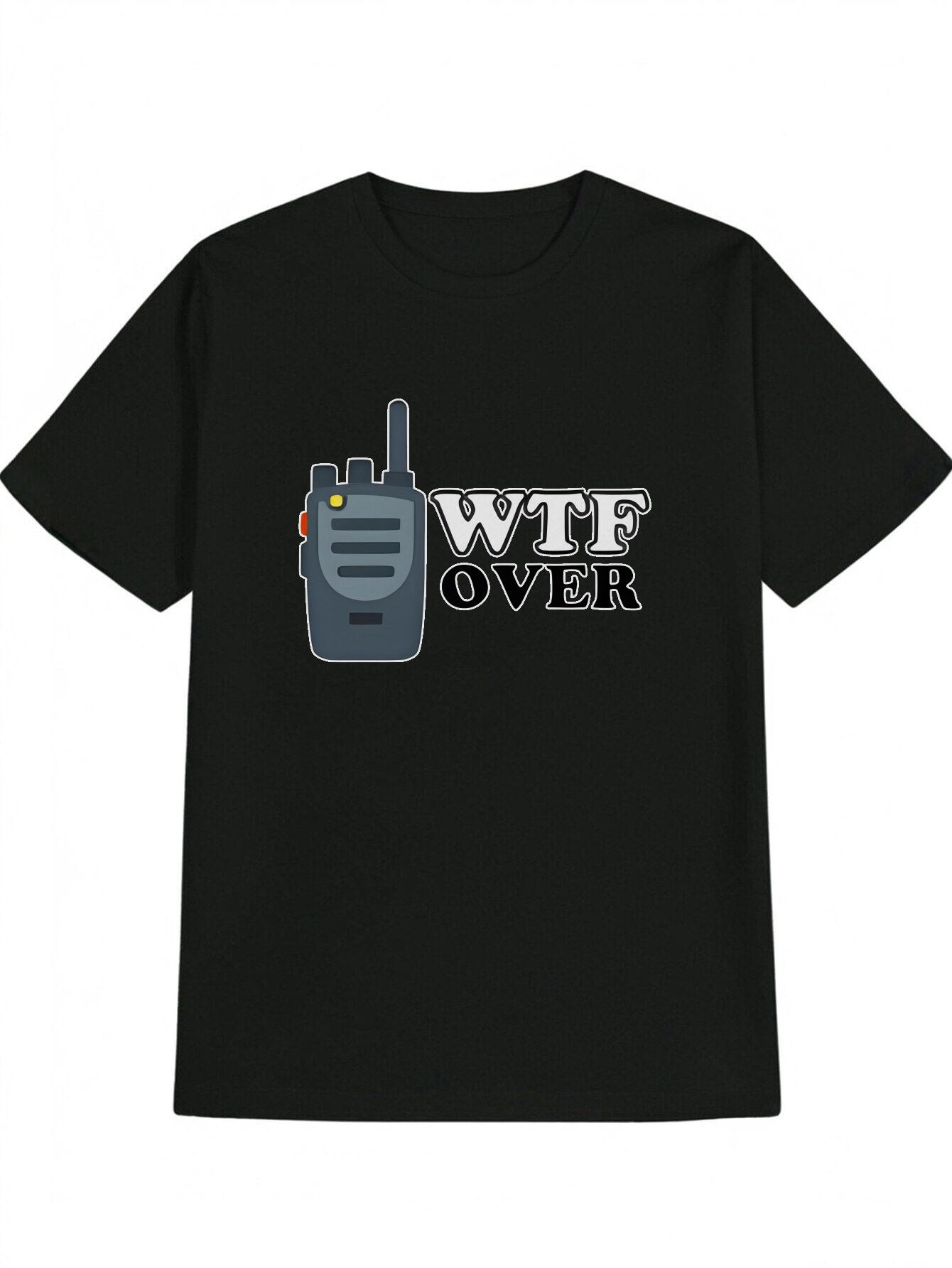 

Casual Graphic T-shirt with Cartoon Walkie-Talkie Antenna & WTF Over Print - Black Round Neck Summer Tee XXL