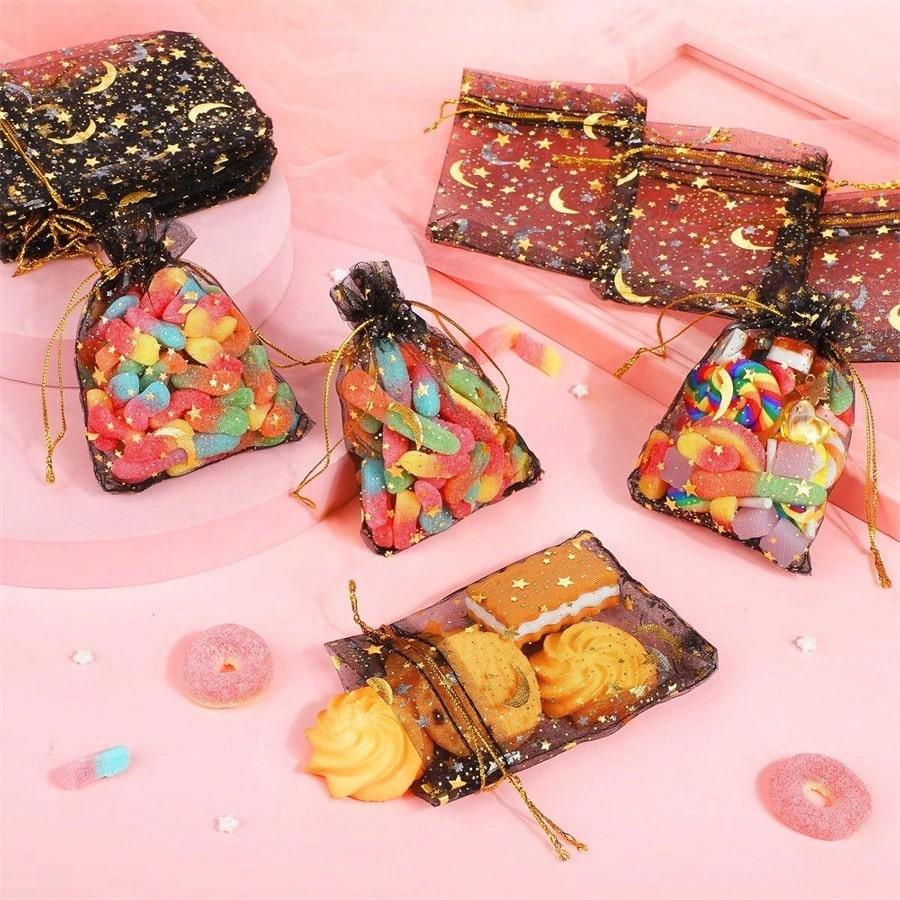 10-60Pcs Moon Stars Drawstring Organza Bags Jewelry Gift Bags Pouches Gold Star Organza Favor Pouches for Valentine's Day Weddin