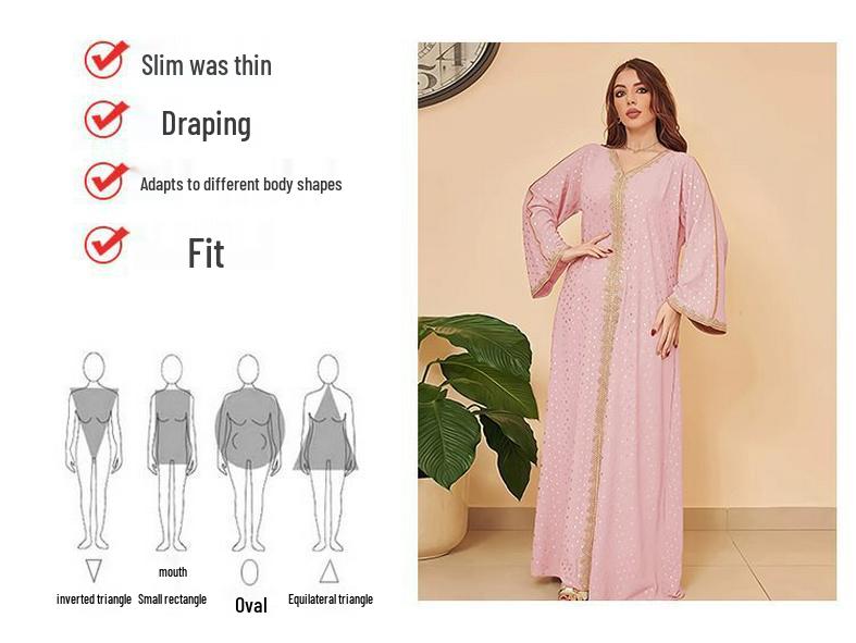 Elegant 2025 Dubai Dress: Gold Stamped Robe for Women from Middle East, Indonesia, Turkey