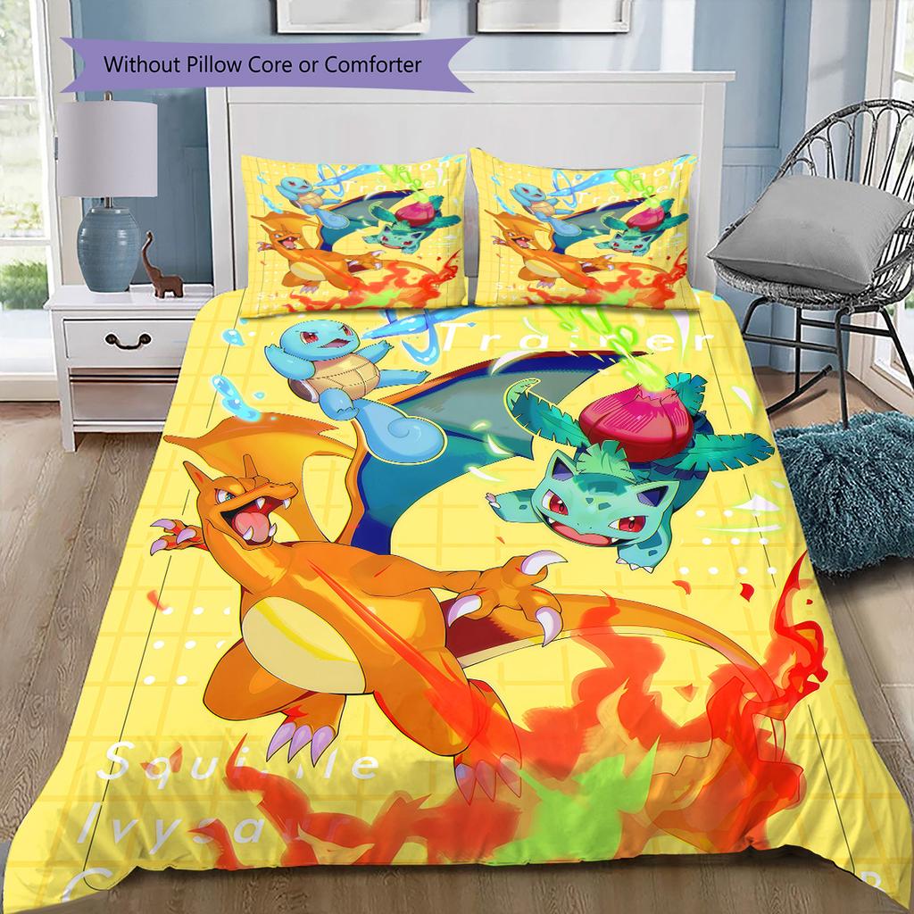 Pokémon Original Cute Partners Bedding Set, 1 Duvet Cover & 2 Pillowcases, Cozy Home Use, Great Gift for Pokémon Fans