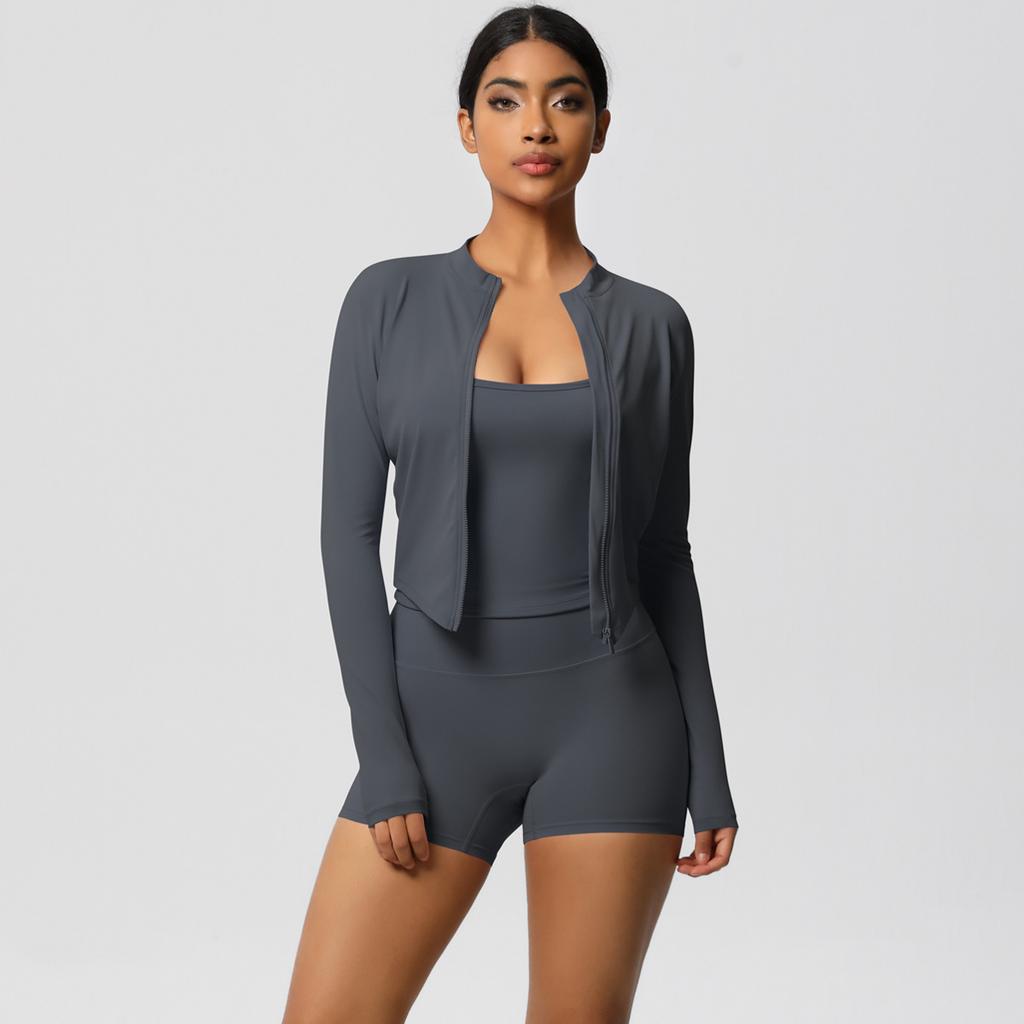 High Waisted Tight Fitting Sandblasting Yoga Suit, Naked Sensation Quick Drying Fitness Set, Outdoor Leisure Running Three Piece Set For Women