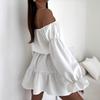 New, autumn fashion casual solid color one-word shoulder waist dress women's clothing