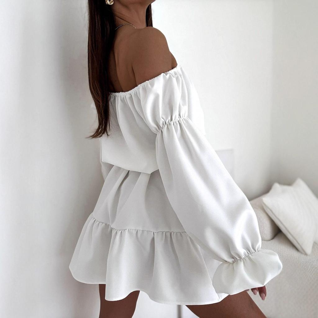 New, autumn fashion casual solid color one-word shoulder waist dress women's clothing