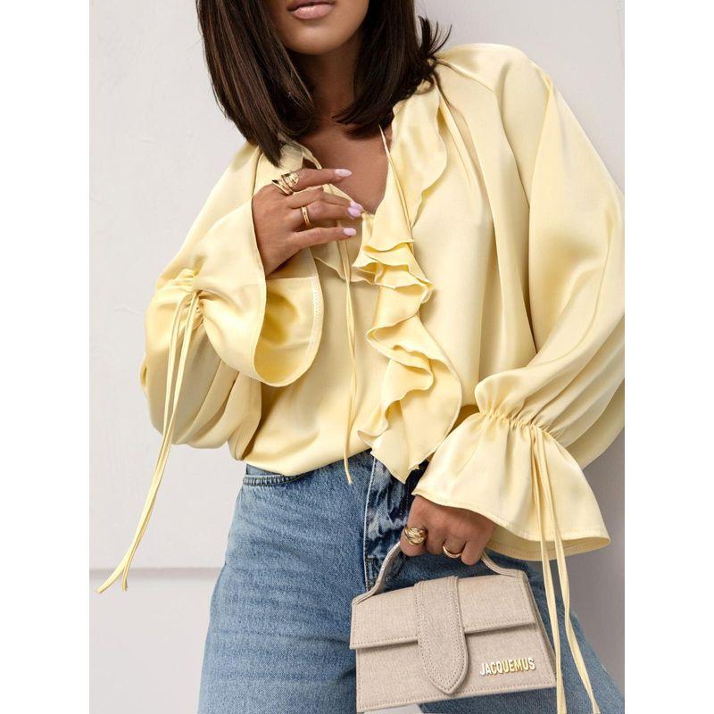 Long Sleeve Shirts Versitile Fashion Frill Flare Sleeve V-neck Lace Up Women Shirts Shirt Women