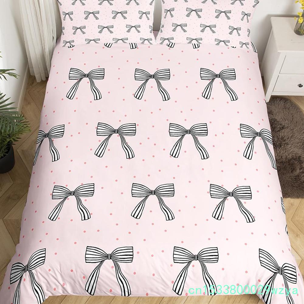 Bowknot Girlish Duvet Cover Cherry Cake Cartoon Bedding Set Cute Dots Love Heart Bow-tie Comforter Cover,Pink Kawaii Quilt Cover