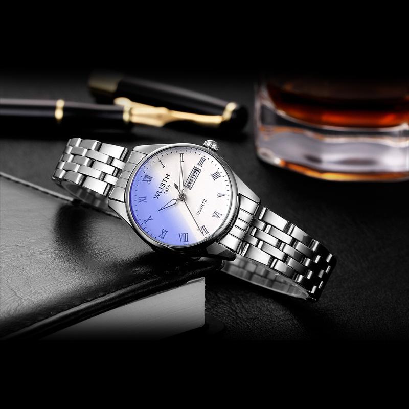 Volis Couple Blue Light Waterproof Quartz Watch with Double Calendar  Steel Band for Men and Women
