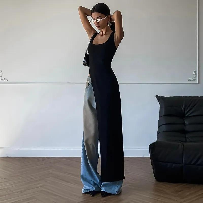 Dámský asymetrický dlouhý top bez rukávů s rozparkem na lemu, úzký střih, ležérní streetový styl, tílko