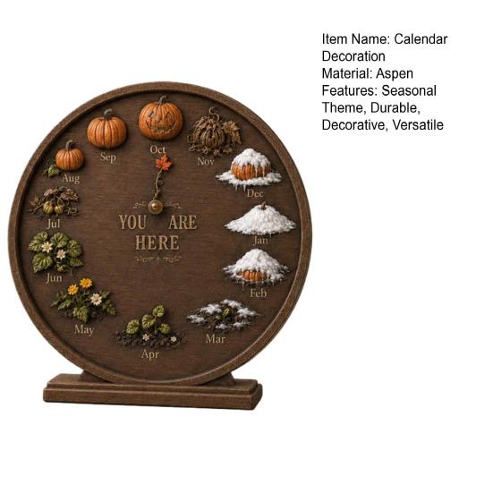 Autumn Calendar Decoration Wooden Seasonal Month Decor, Round Farmhouse Perpetual Season Clock, Gift for Lovers Pumpkin Four Seasons Tabletop Ornament
