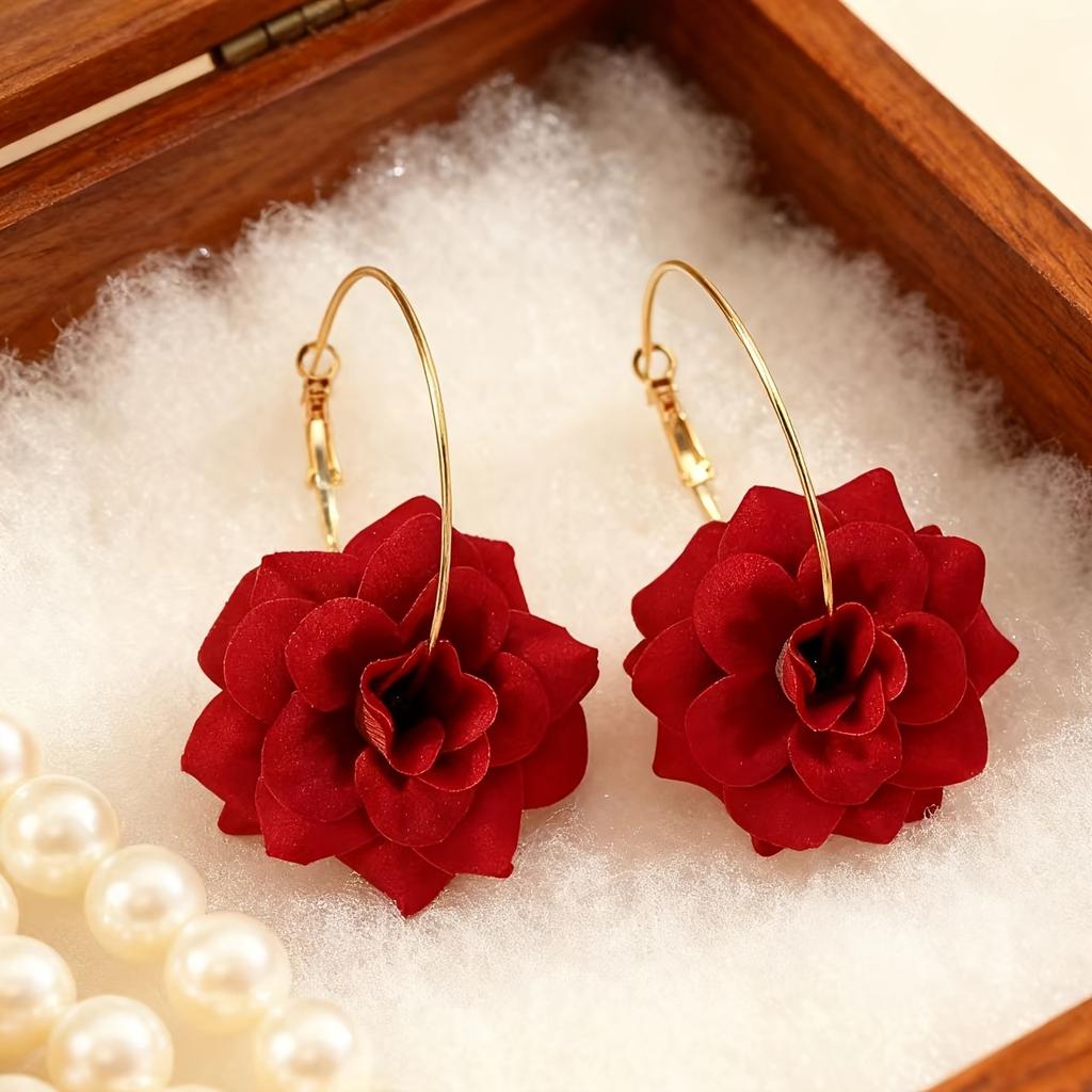 Fabric Hollow Out Red Rose Pendant Earrings, Bohemian Romantic Statement Drop Earrings for Women, Valentine's Day Christmas Gift, Trendy Daily Jewelry
