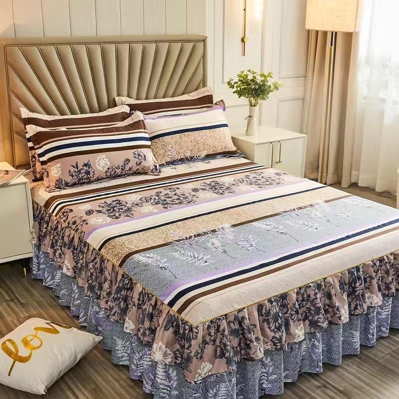 3pcs/Set Bed Skirt Non-Slip Double-layer Lotus Leaf Sheet Home Bedspread Broken Flower Bed Skirt Printed Mattress Cover