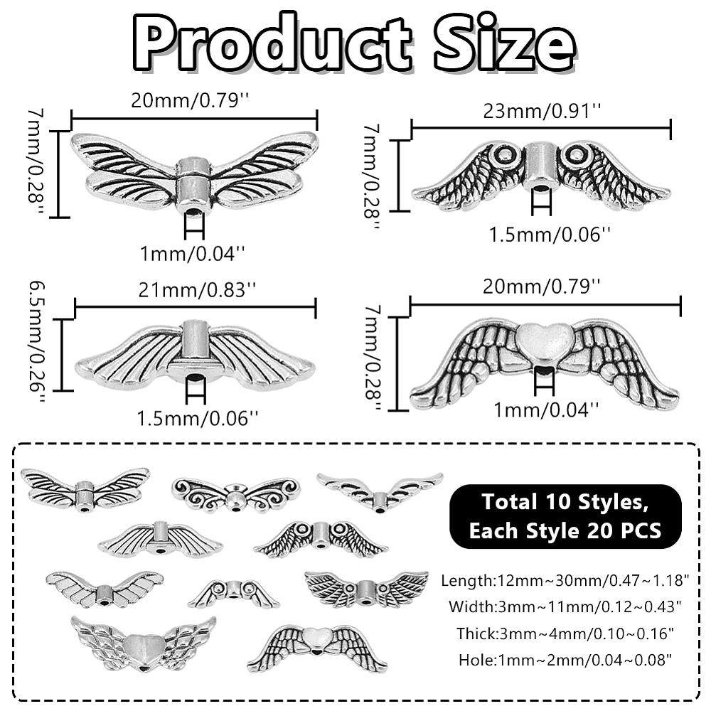 1set 200pcs 10 styles  style Alloy Beads Wing Antique Silver 7~23x6.5~23x2~3mm Hole: 1~1.5mm 20pcs/style