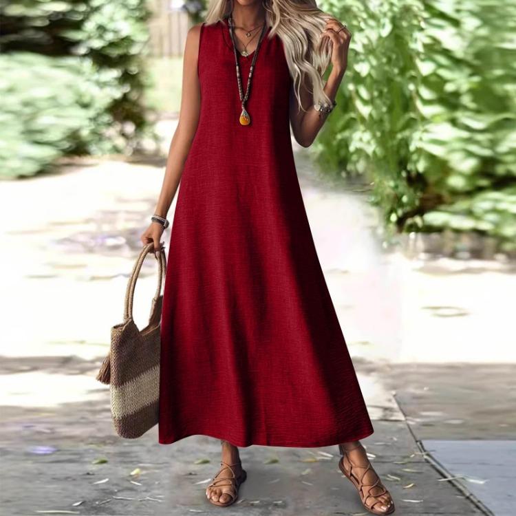

Women s Casual V-Neck Sleeveless Long Solid Color Cotton Linen Zip Dress Holiday Fashion S винний