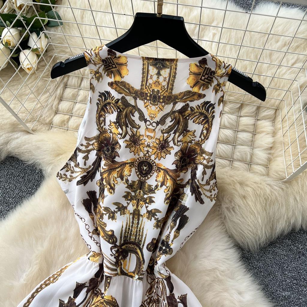 Bohemian Vacation Retro Deep V-Neck Strap Design Sleeveless Waist Temperament Printed Lotus Edge Dress