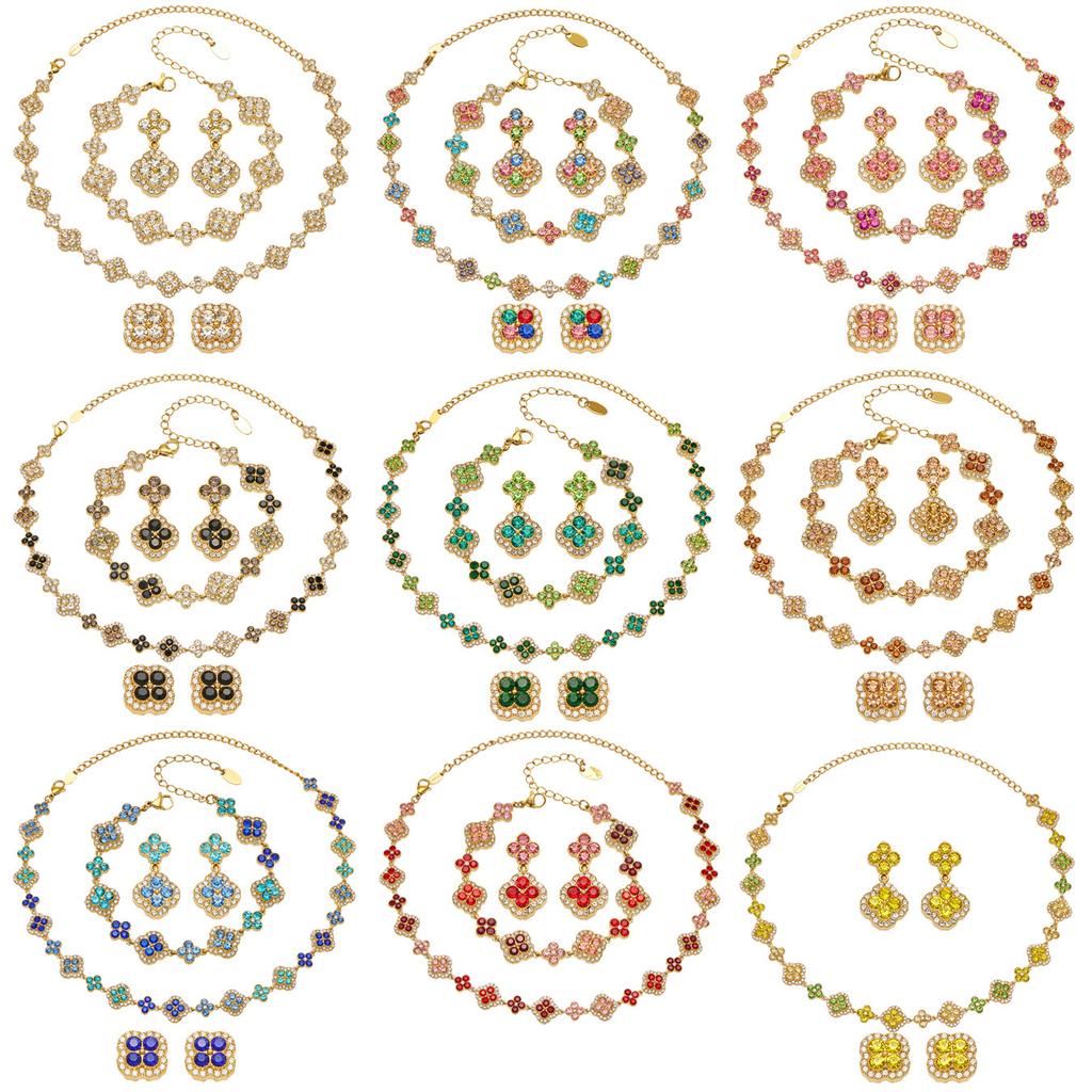 SSeeSY Custom Design Jewelry Stainless Steel 18K Gold Plated Clover Stud Earrings Necklace Set for Engagement Party with Zircon