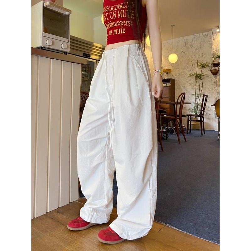 Kumikumi Idle Style White Drawstring Drape All-Matching Casual Pants Women Fall High Waist Slim Looking Loose Pants Pants