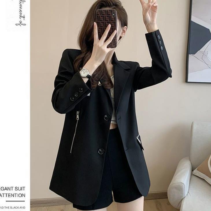 Fashion Black Versatile Loose Style Blazer with Zipper Pocket for Women