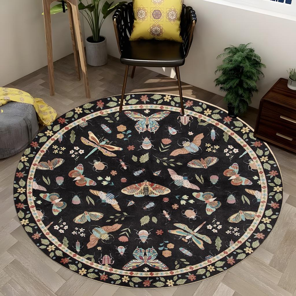 Round Insect & Floral Carpet - Vibrant Butterfly/Dragonfly/Moth Motif, Black  Boho Rug for Living Room, Artistic Nature Decor