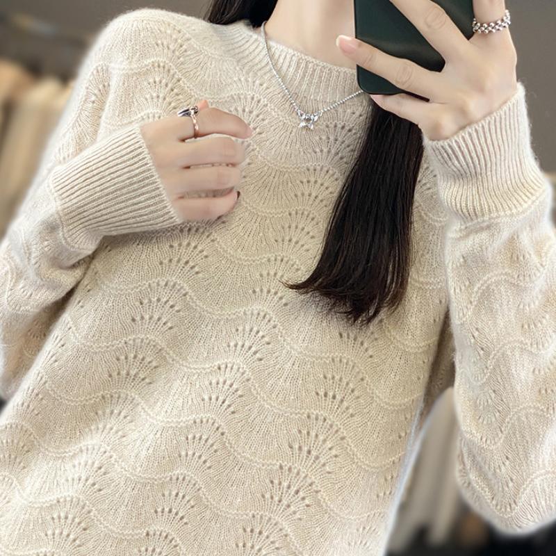 

Korean Version of Round Neck Phoenix Tail Flower Cut Air Quality Sweater Loose Casual Commuting Elegant Full Wool Women Knitted Long Sleeves S