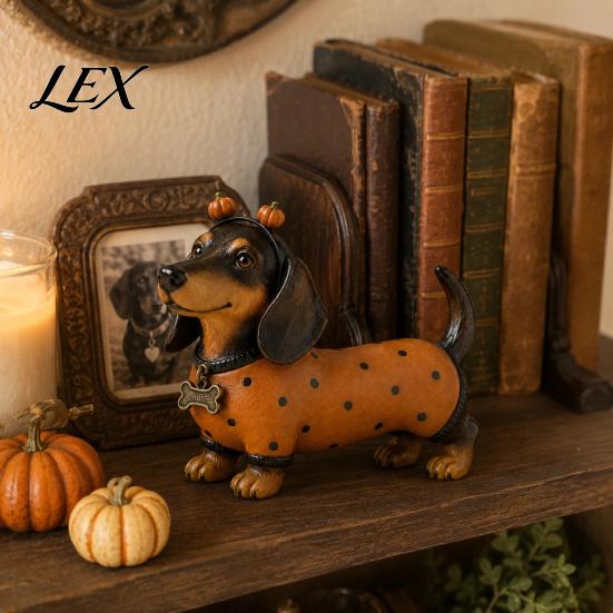 Autumn Harvest Home Decor Fall Dachshund Figurine, Halloween Statue with Pumpkin Headband Polka Indoor Festive Accents Dot Outfit, Ornament for Mantel