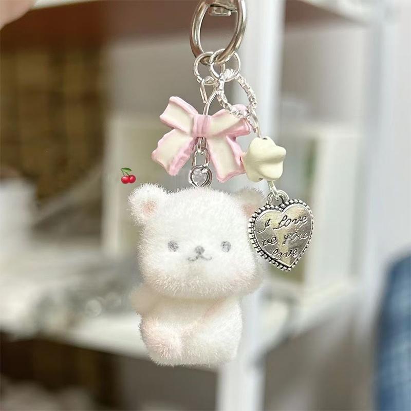 Cartoon Cute 3D Flocking Bear Backpack Keychain For Mobile Phone Earphone Camera Chain Jewelry Making Couple Gifts Ornaments