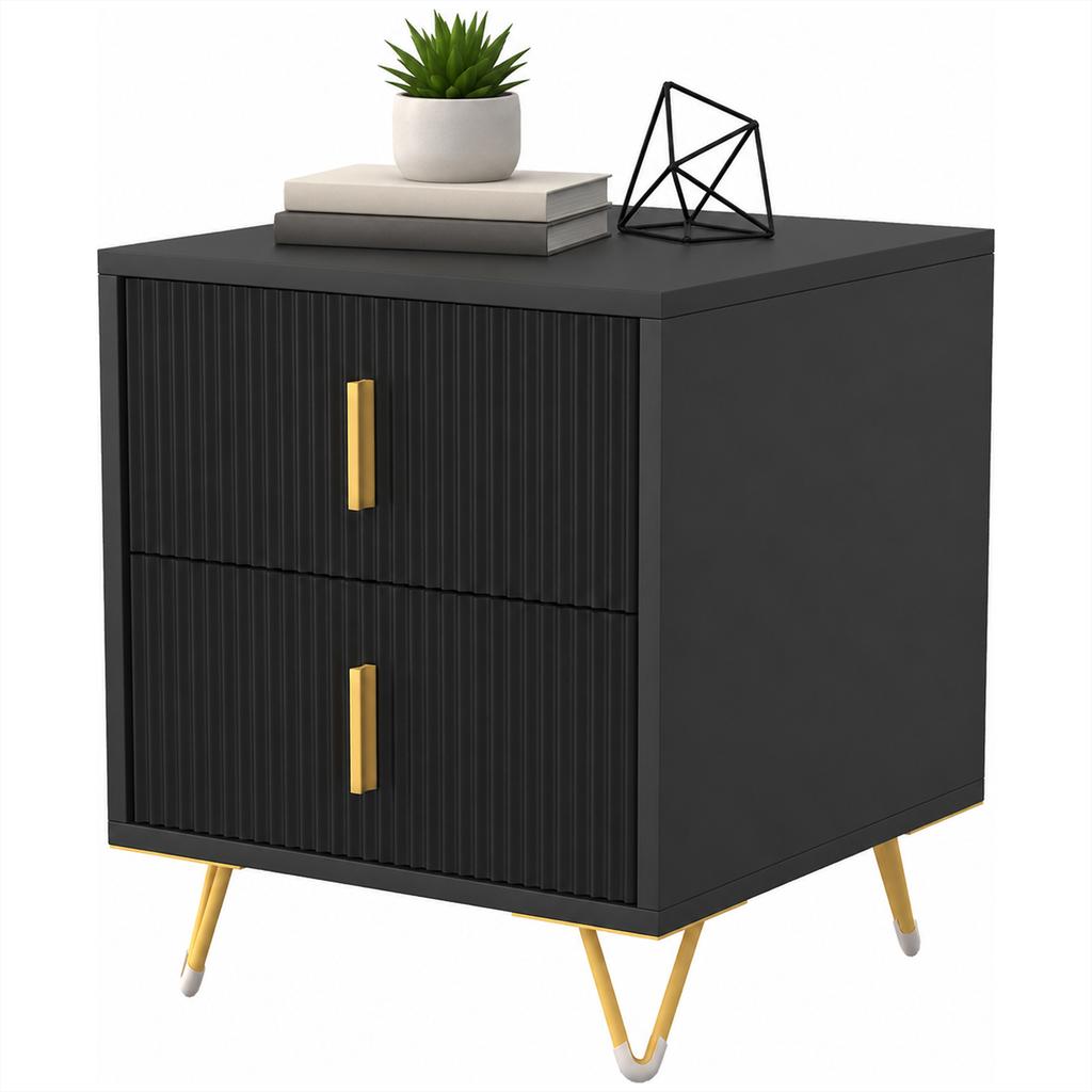 Bedside Table Small Fluted Cabinet 2 Drawers Hairpin Legs Black