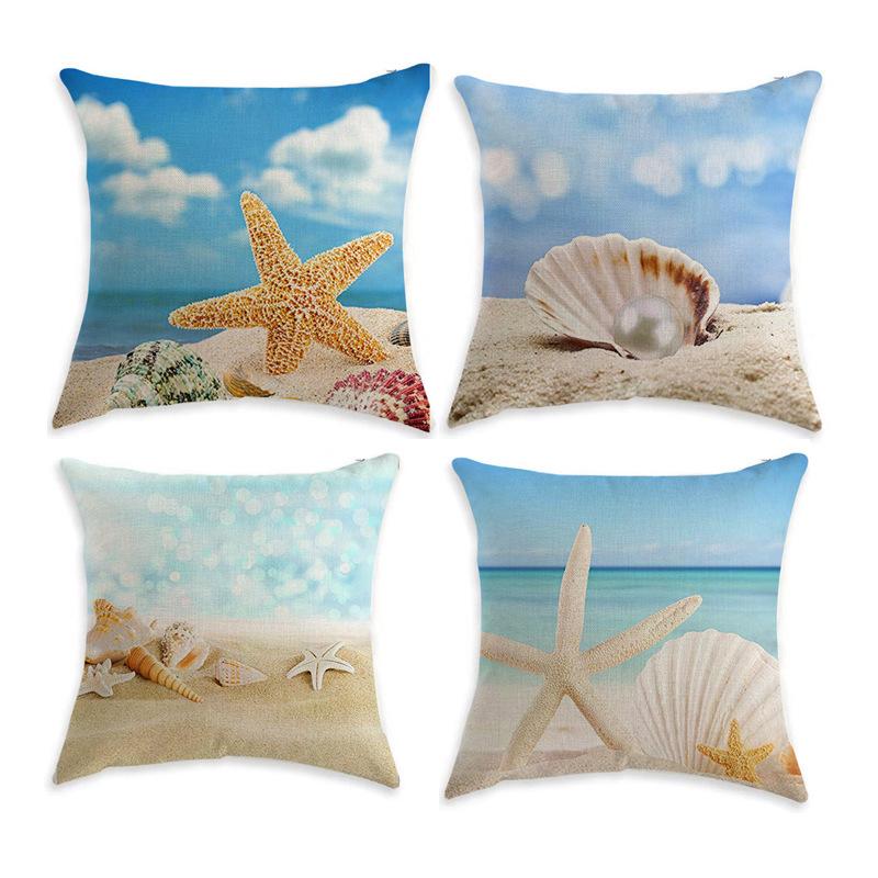 New Marine Animal Pillowcase Cartoon Hand-painted Shell Coral Starfish Linen Digital Print Hug Pillow