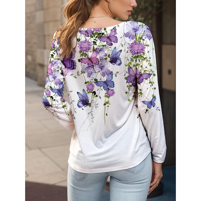 Women's Plus Size Floral Print Long Sleeve T-Shirt with Slight Stretch - Casual and Comfortable