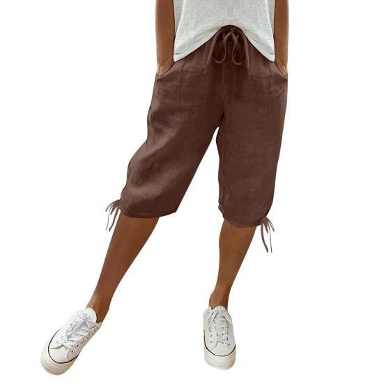 Women Shorts Elastic Mid-Waist Adjustable Drawstring Yoga Running Shorts with Pockets Solid Color Loose