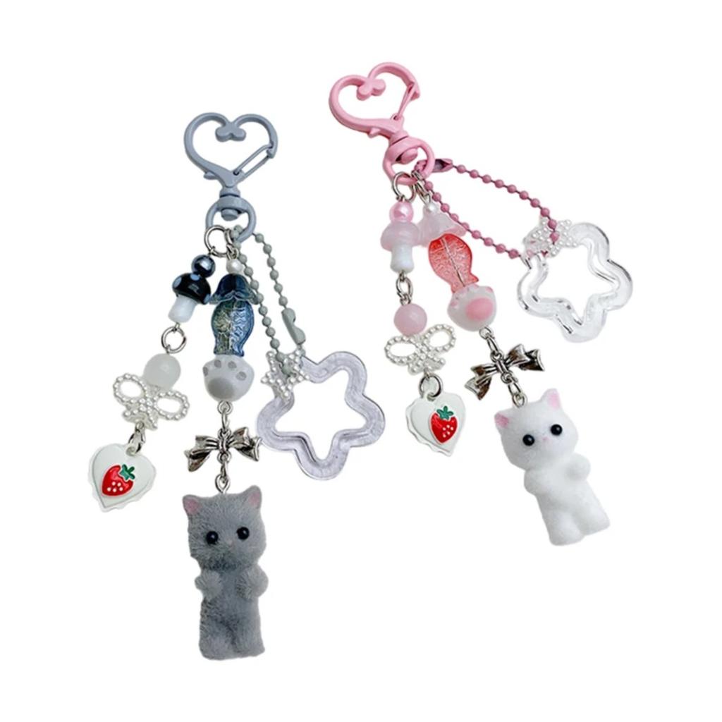Cute Flocked Kitten Keychain with Five-Pointed Star Cat Paw Love Mobile Phone Chain Lanyard Pendant for Earphones & Cameras