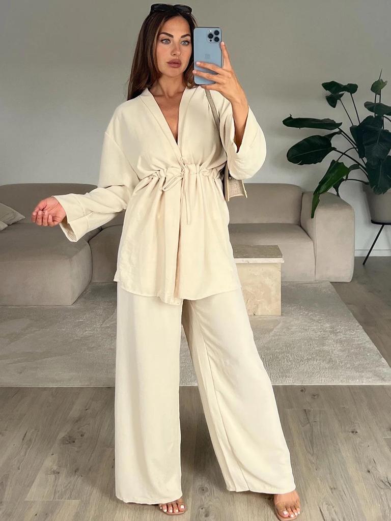 European & American 2025 Casual Tie-Up Top with Long Sleeve and Comfortable Long Pants Set