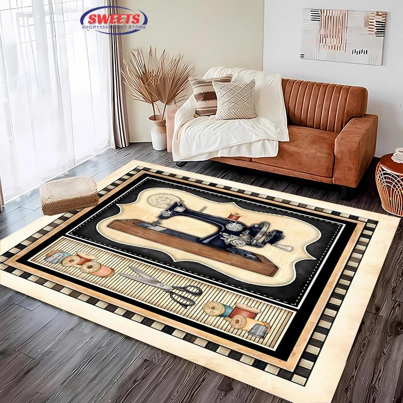 3D HD Printing Vintage Sewing Machine Carpet Multi-Size Optional Living Room Bedroom Office Large Area Mat Machine Washable Rug
