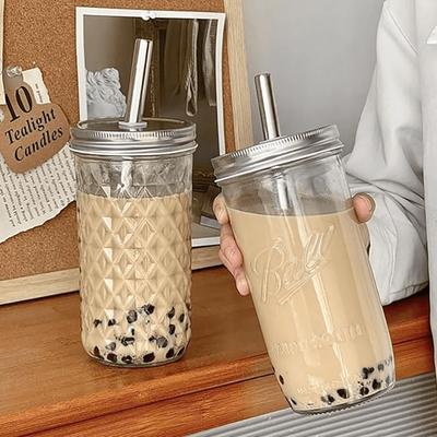 Ins Style Klarglasbecher mit Strohdeckel Große Kapazität Hitzebeständigkeit Boba Milchtee Gläser Kaffeetasse Saft Kaltgetränkebecher