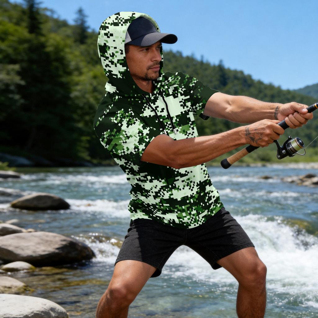 Men's Camouflage Print Raglan Sleeve Casual Sport Fishing Short Sleeve Hoodie Lightweight Breathable Outdoor Activewear Top