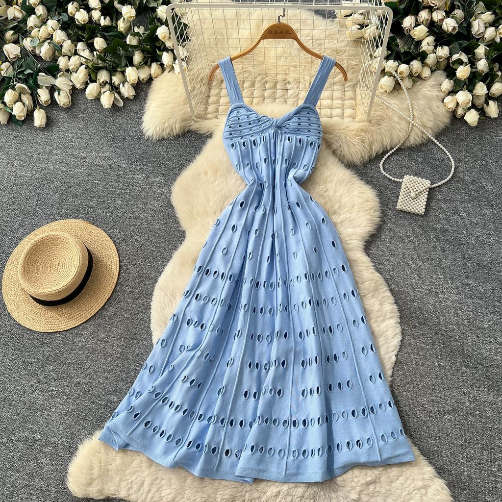 New Fall/Winter Sexy Spaghetti Strap Knitted Midi Dress for Women Elegant Sleeveless Hollow Out Embroidery Slim Sweater Dress
