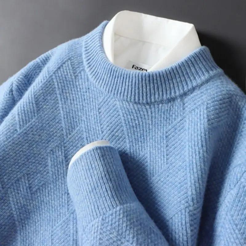 Suéter de Cachemira para Hombre Holgado y Grueso Jacquard Cuello Redondo Suéter de Punto para Hombre Otoño e Invierno Color Sólido