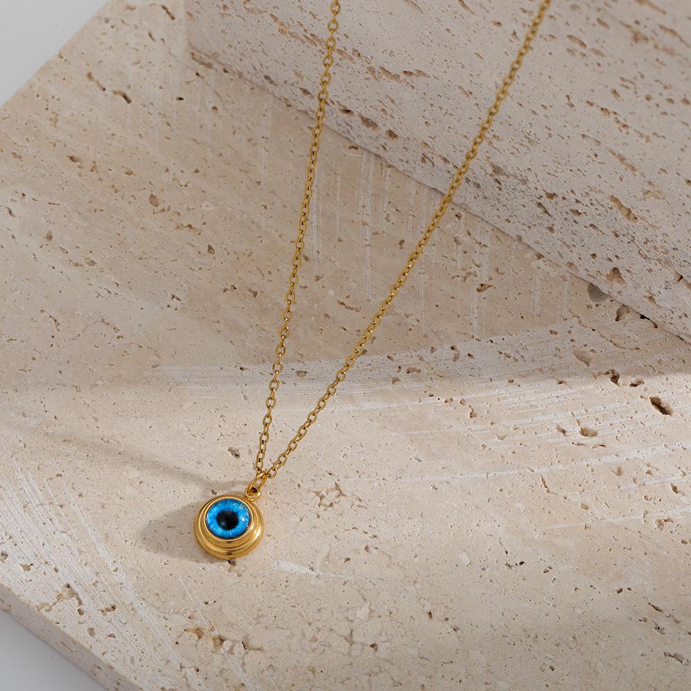 Titanium Steel Blue Evil Eye Pendant Necklace with 18K Gold and Retro Style Earrings