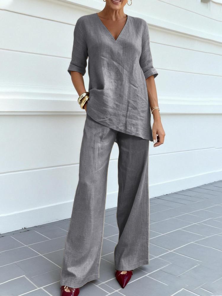 

Women s V-Neck 3/4 Sleeve Asymmetric Hem Top and Wide Leg Pants Set, Available in Multiple Colors XXXL сірий колір