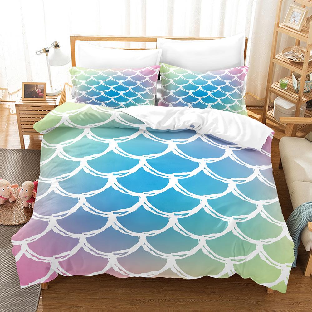 Laser Gradual Change Fish Scale 3D Digital Printing Three-Piece Set, Quilt Cover Pillowcase
