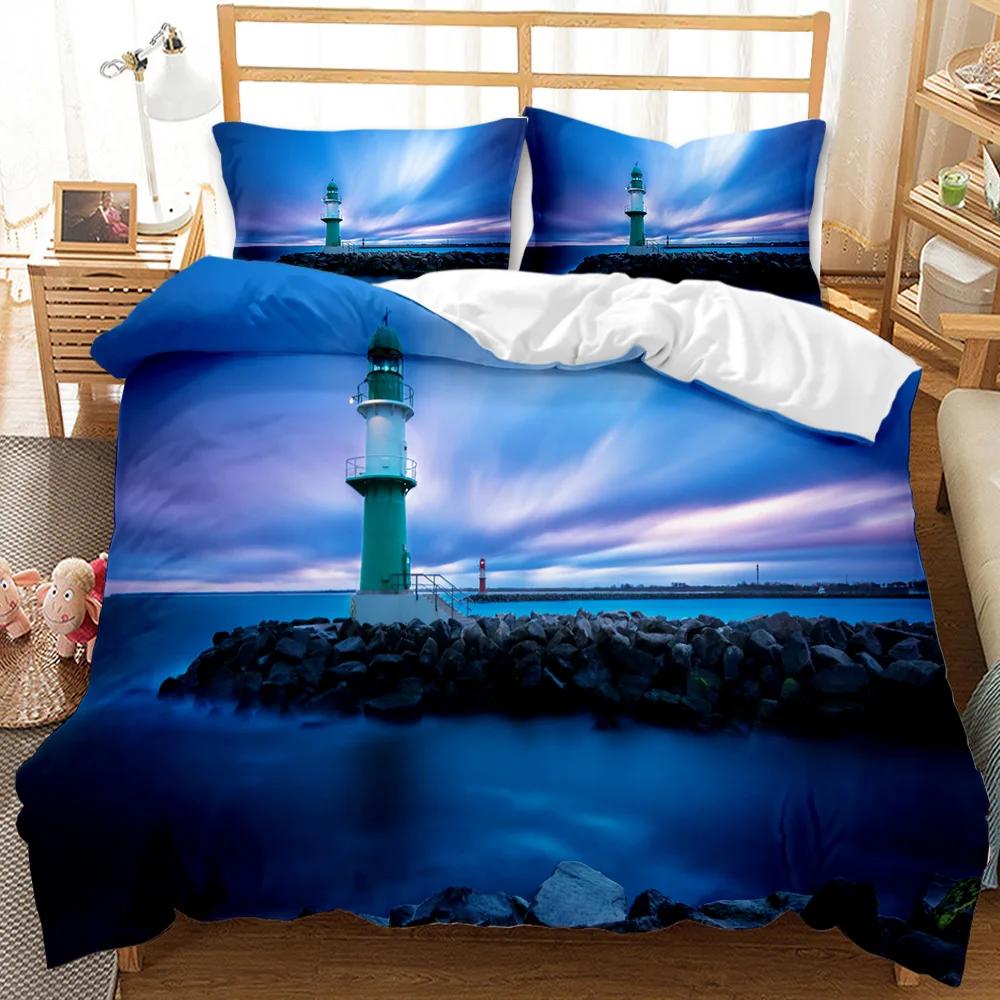 Lighthouse Duvet Cover Ocean Comforter Cover Nautical Quilt Cover Sunset Nature Double Queen King Size Polyester Bedding Set