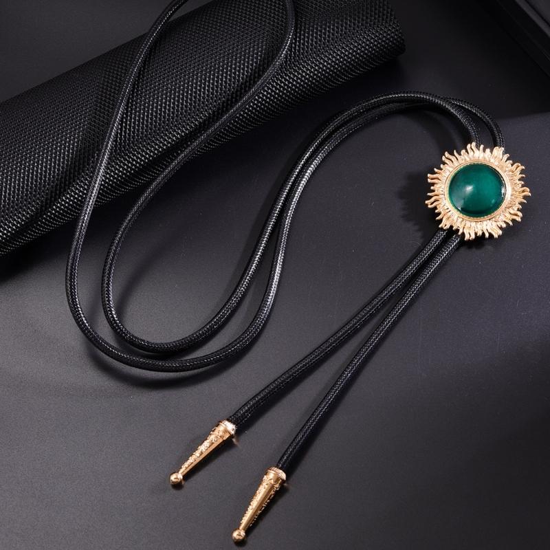 Vintage Sun Shape Gem Stone Bolo Tie Cowboy Costume Accessory for Men and Women Western Braided Cord Necktie Necklace